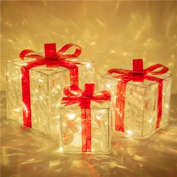 Set of 3 Christmas 60 LED Lighted Gift Boxes, Transparent Warm White Lighted - Picture 1 of 7